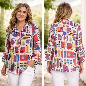 NWOT Dante Plus Abstract Art Print Button-Front Purple Blue Pink Tunic Size 3X
